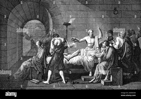 The Death of Socrates, 19th-century engraving. This engraving is a copy ...