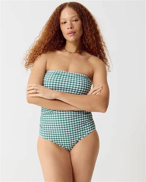 J Crew Ruched Bandeau One Piece Swimsuit In Gingham For Women