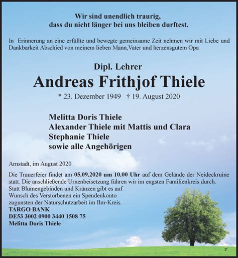 Traueranzeigen Von Andreas Frithjof Thiele Trauer In Thueringen De