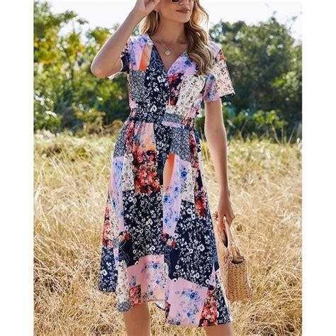 Robe Floral Femme Ete A Line Trapèze Manche Court Casual Et Elegant