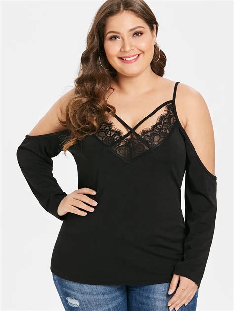 Wipalo Plus Size Cold Shoulder Spaghetti Strap Lace Ladies Tops T Shirt