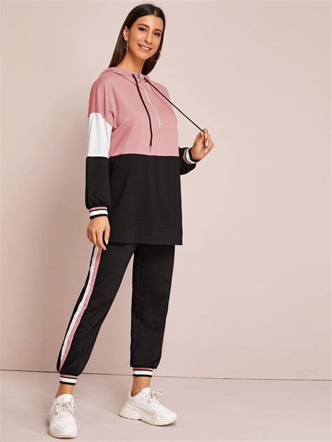 Colorblock Half Zipper Drawstring Hoodie And Joggers Set Shein Two