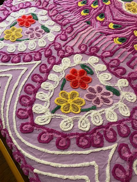 Vintage Mcm Double Peacock Chenille Bedspread Full Size Rare Purple Peacock Chenille Etsy