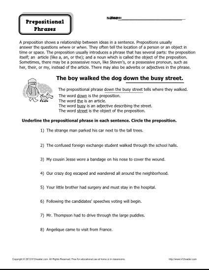 Preposition Worksheet Prepositional Phrases