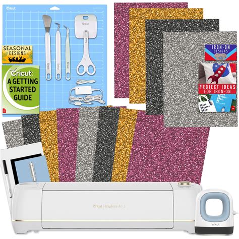 Cricut Explore Air 2 Machine With Glitter Iron On Sampler Pack Tool Kit And Easypress Mini