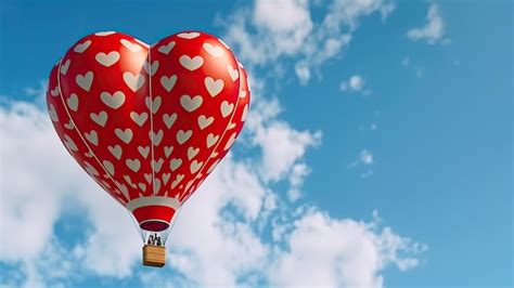 Premium Photo Red Heart Shaped Hot Air Balloon In The Blue Sky With Clouds