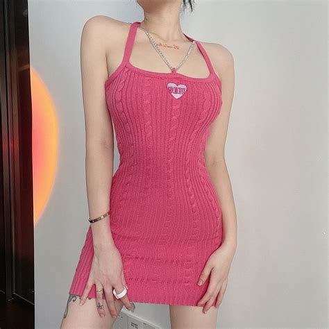 Rapcopter Y2k Letter Mini Dress 90s Knitted Dress Chain Patched