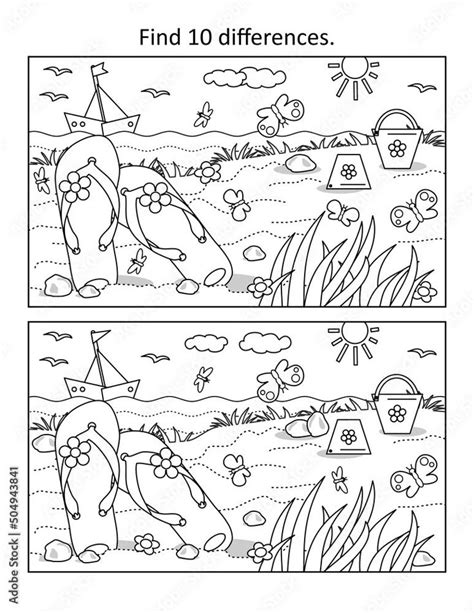 find  differences visual puzzle  coloring page summer vacation