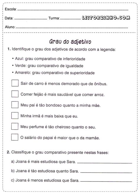 Identifique O Grau Dos Adjetivos De Acordo Com A Legenda Grau Do Adjetivo Atividades Sobre