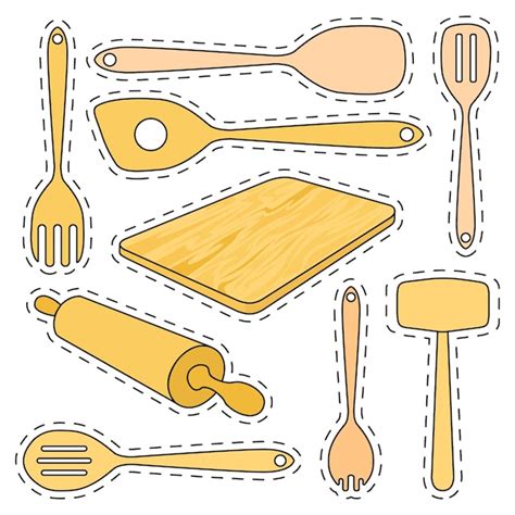 Juego De Pegatinas De Utensilios De Cocina De Madera Vector Premium