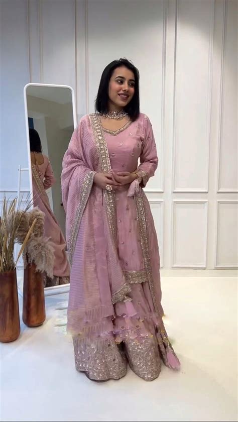 Pretty Pink Color Pure Heavy Chinnon Silk Sequence Sharara Suit