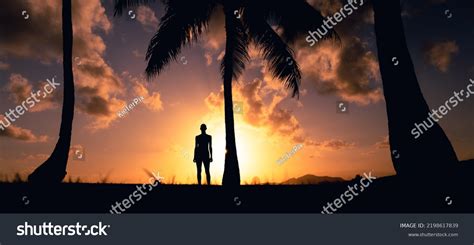 Silhouette Thoughtful Girl Standing Facing Sunset Stock Photo ...