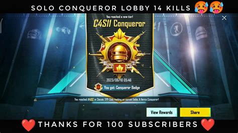 Day 10🔥🔥 Conqueror Lobby Rush Gameplay 14kills🔥🔥 Thanks For 100