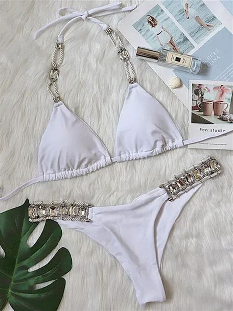 Halter Shiny Crystal Diamond Bikini Women Bandage Swimsuit Female