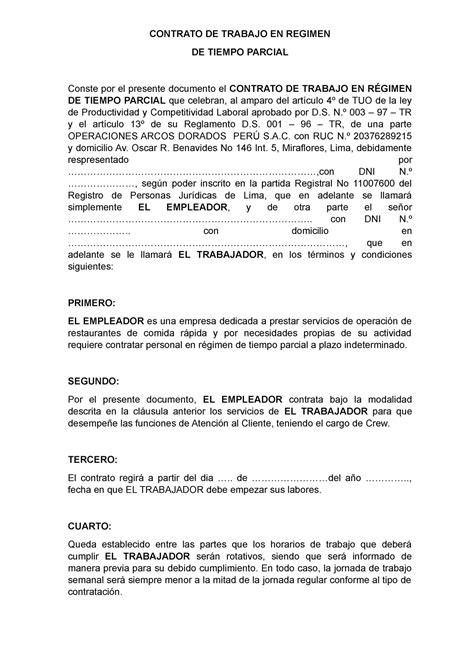 Contrato De Trabajo En Regimen Contrato De Trabajo En Regimen De