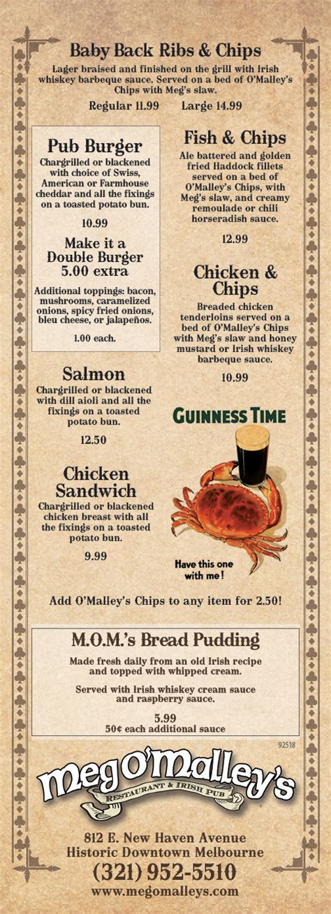 Meg Omalleys Irish Pub And Restaurant Late Night Menu