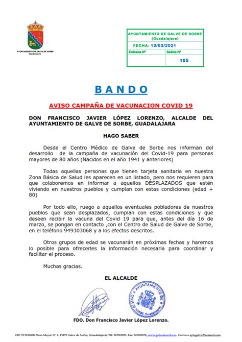 BANDO AVISO CAMPAÑA DE VACUNACION COVID 19 Ayuntamiento de Galve de Sorbe