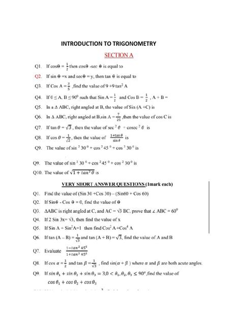 Introduction To Trigonometry Worksheet Pdf