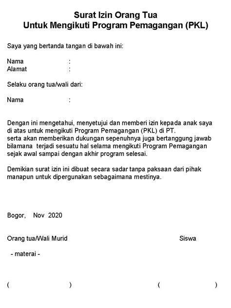 contoh surat izin  tua  mengikuti pemagangan pkl smk ysalma