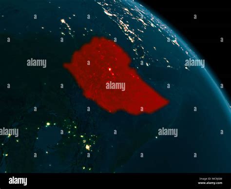 Orbit View Of Ethiopia At Night Highlighted In Red On Planet Earth With