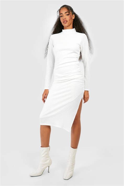 Textured Rouched High Neck Midi Dress Boohoo Uk