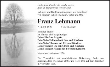 Traueranzeigen von Franz Lehmann Märkische Onlinezeitung Trauerportal