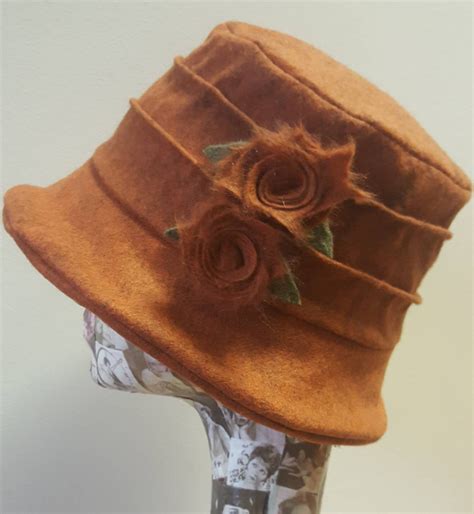 Burnt Orange Felted Wool Flower Hat With Cosy Fleece Lining