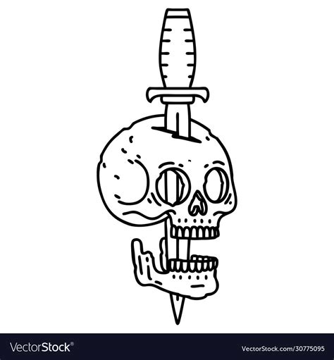 Black line tattoo a skull and dagger Royalty Free Vector