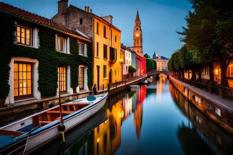 Premium AI Image A Row Of Boats Are Docked On A Canal With A Church