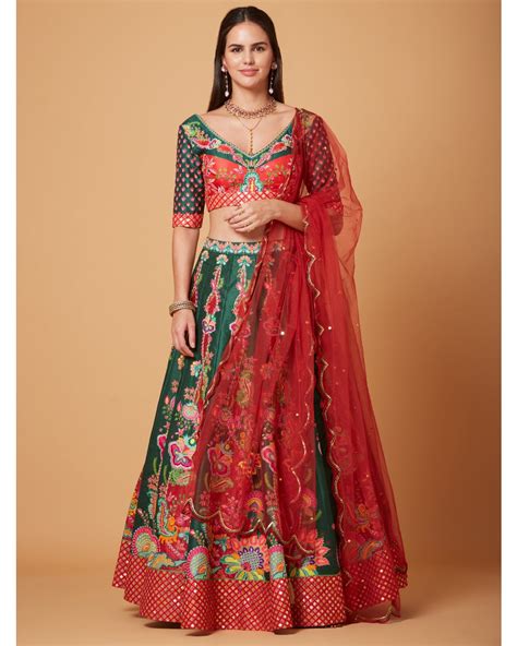 Green Red Embroidered Lehenga Set Siddhartha Bansal Kynah