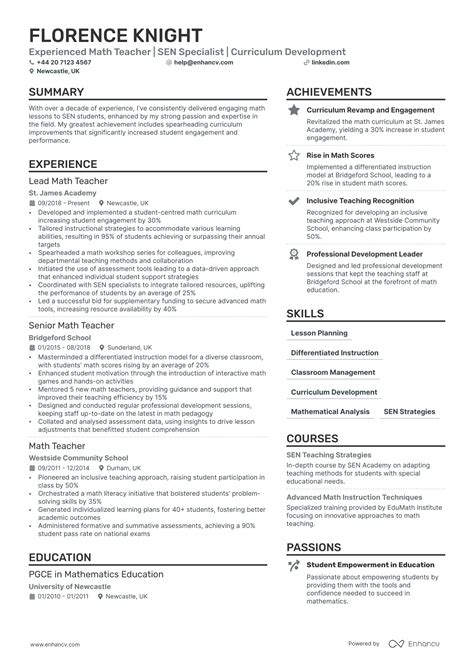 Math Teacher Cv Examples And Guide For 2025