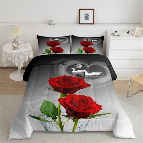 Feelyou Red Rose Bedding Set Swans Couple Comforter Romantic Rose Floral Comforter