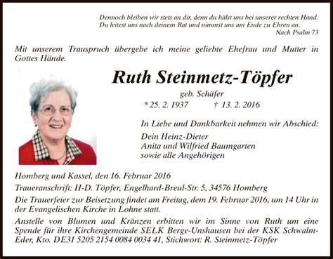 Traueranzeigen Von Ruth Steinmetz T Pfer Trauer Hna De