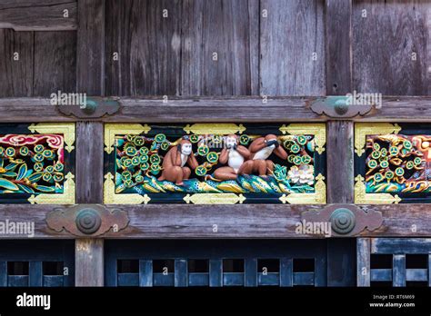 Famous Three Wise Monkeys At The Nikko Toshogu Shrine Temple In Nikko