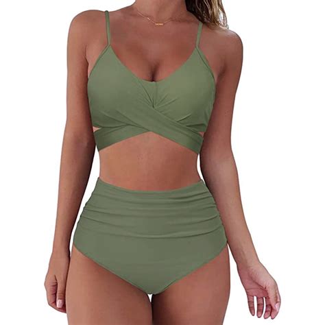 Amidoa Swimsuits For Women Over 50 Solid Bikini Tops High Cut Criss