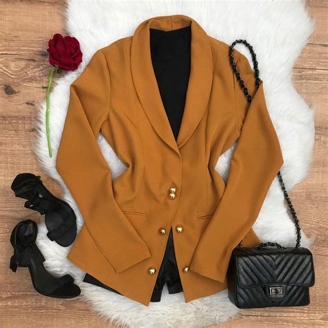 Blazer Alfaiataria Alongado Es Mostarda Dondoca Moda Feminina