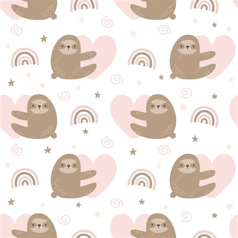 Premium Vector Cute Sloth Hugging Heart With Rainbow Seamless Pattern Background