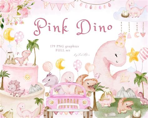 Baby Pink Dinosaurs Watercolour Clipart Cute Girl Dinosaurs Pink