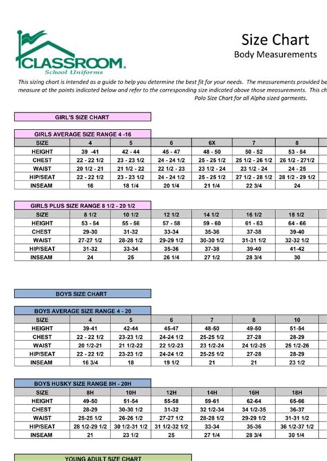 Classroom School Uniforms Size Chart Printable Pdf Download