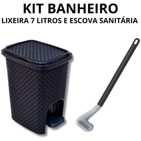 Kit Jogo Banheiro Lixeira Pedal Litros Preta Rattan Escova