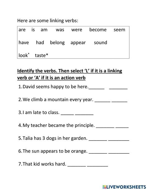 Action And Linking Verbs Online Activity Live Worksheets Worksheets