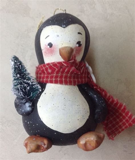 PENGUIN Gourd Christmas Ornament Hand Painted Sculpted Hand Painted