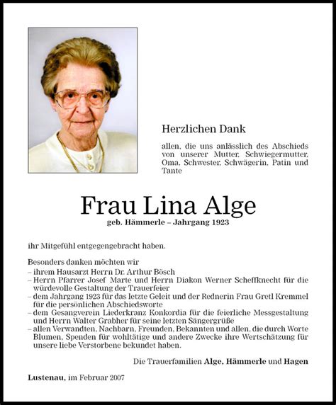 Todesanzeigen Von Lina Alge Todesanzeigen Vorarlberger Nachrichten