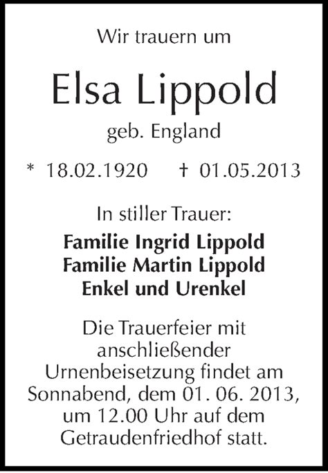 Traueranzeigen Von Elsa Lippold Abschied Nehmen De