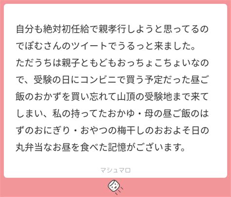 自分も絶対初任給で親孝行しようと思ってるのでぽむさんのツイートでうるっと来ました。 ただうちは親子ともどもおっちょこちょいなので、受験の日に