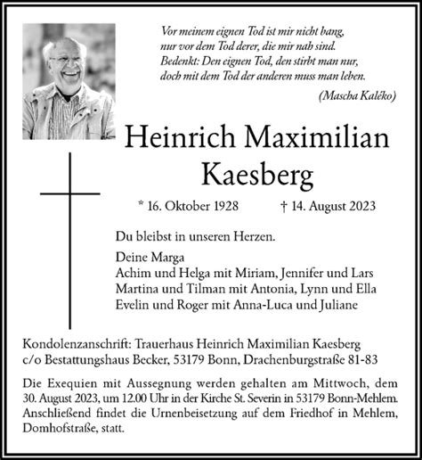 Traueranzeigen Von Heinrich Maximilian Kaesberg Ga Trauer De