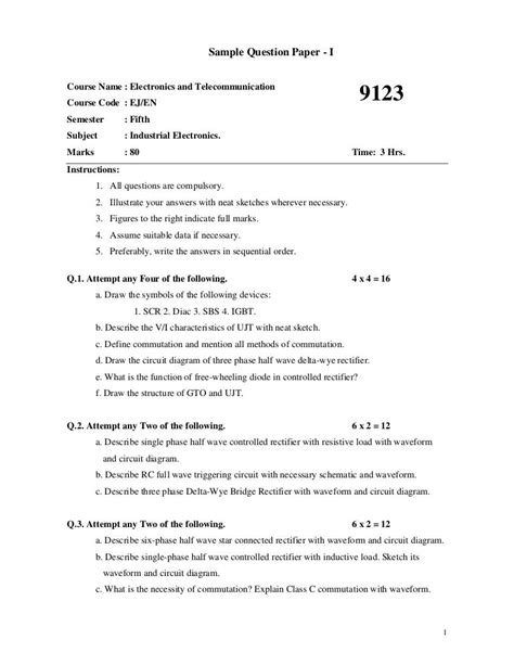 Industrial Electronics 80 Marks Sample Test Paper