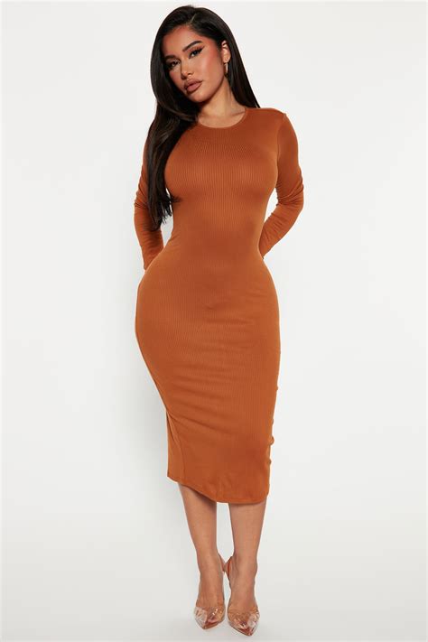 Monika Ribbed Midi Dress Cognac Fashion Nova