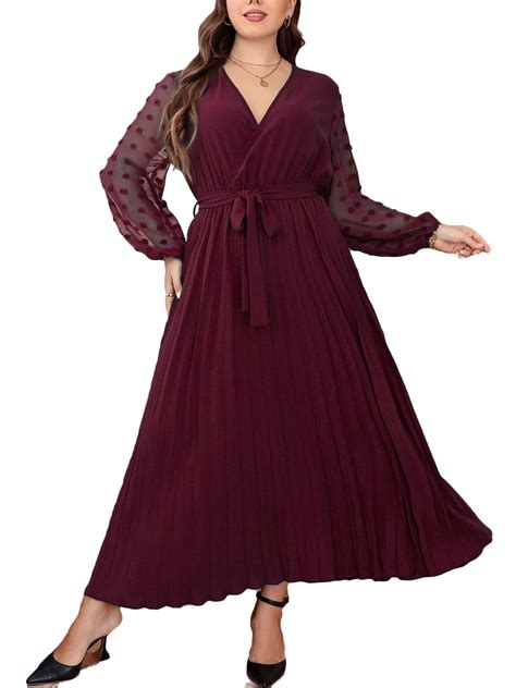 Elegant V Neck A Line Dress Long Sleeve Burgundy Plus Size Dresses Women S