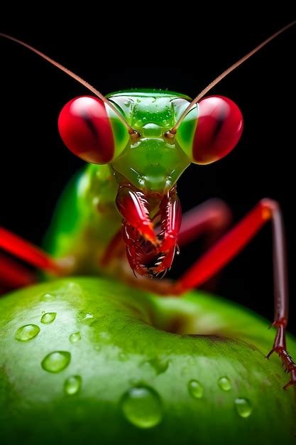 Premium Ai Image A Praying Mantis With Red Eyes Sits On An Apple